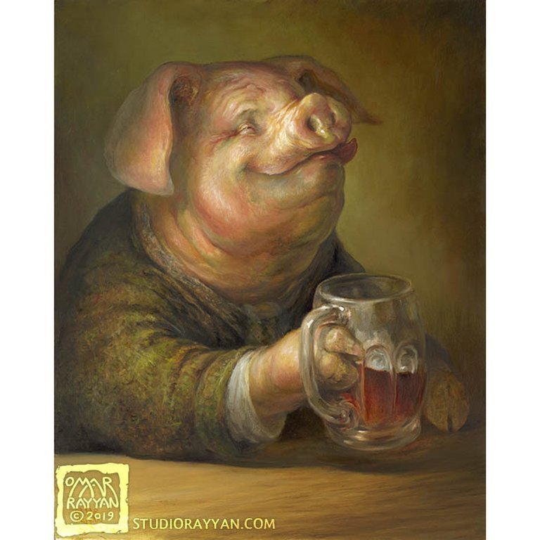 Pleased Pig with a Pint in Pub.j